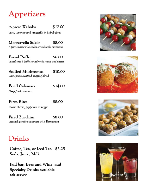 appetizers and drinks menu